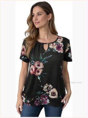 Short Sleeve Keyhole Neck Blouse, Relaxed Fit, Floral Pattern